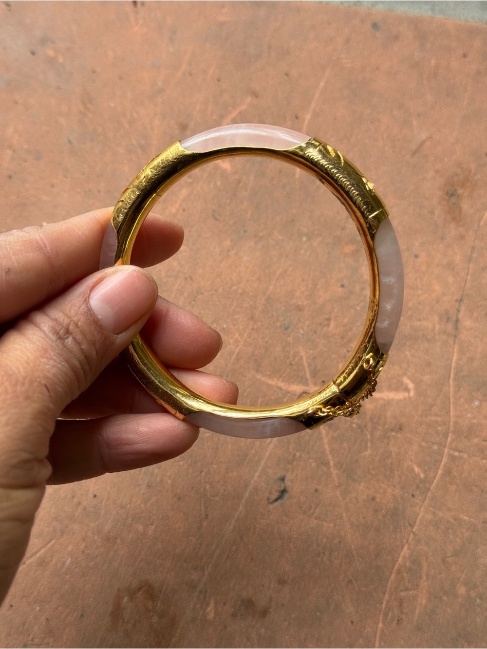 Gold-Tone and Rose Quartz Stone Hinged Bangle Bracelet